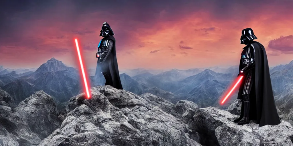 Image similar to Darth Vader playing electric guitar on top of mountain, epic landscape