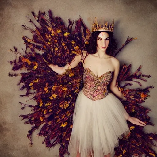 Image similar to full body fine art photo of the beauty gal gadot, she has a crown and a dress made of dried flowers done by oleg oprisco