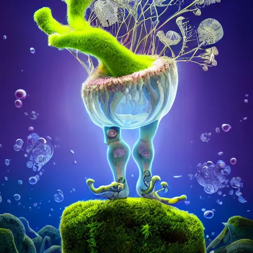 Prompt: child satyr, moss, floating, rbc, radiolaria, protophyta, micro - organisms, center frame, symmetric, rim light, marine microbiology, underwater, bioluminescence, electric, soft, concept art, intricate details, highly detailed, colorful, photorealistic, disney pixar, octane render, iridescent, anime, 8 k