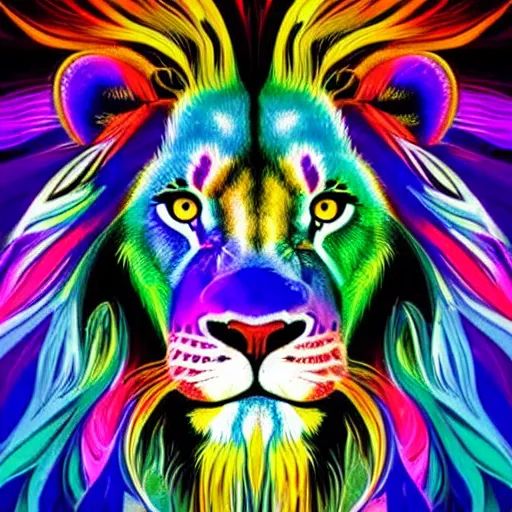 Prompt: beautiful majestic colorful vibrant, lion head, mane of multicolor flame, flat psychedelic illustration, fractals radial flowing