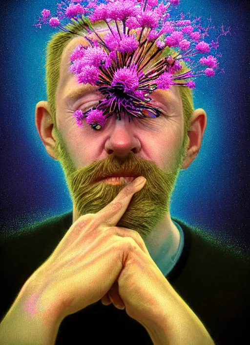 Image similar to hyper detailed 3d render like a Oil painting - friendly professional portrait of author Hank Green in Aurora seen Eating of the Strangling network of yellowcake aerochrome and milky Fruit and Her delicate Hands hold of gossamer polyp blossoms bring iridescent fungal flowers whose spores black the foolish stars by Jacek Yerka, Mariusz Lewandowski, Houdini algorithmic generative render, Abstract brush strokes, Masterpiece, Edward Hopper and James Gilleard, Zdzislaw Beksinski, Wolfgang Lettl, hints of Yayoi Kasuma, octane render, 8k