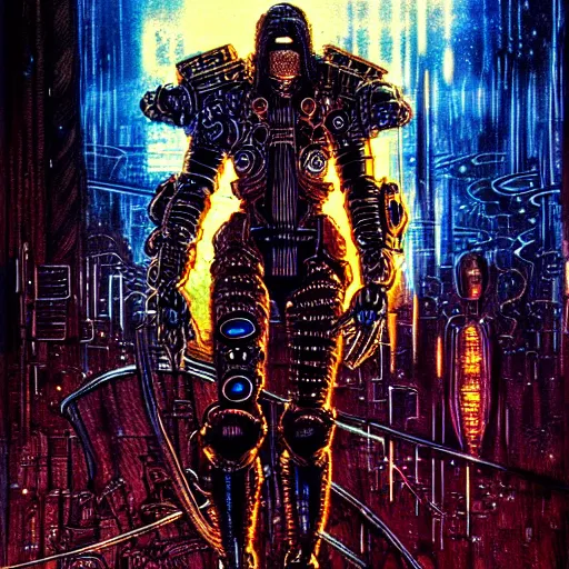 Image similar to cyberpunk knight, atmospheric lighting, painted, intricate, golden hour, ultra detailed by philippe druillet