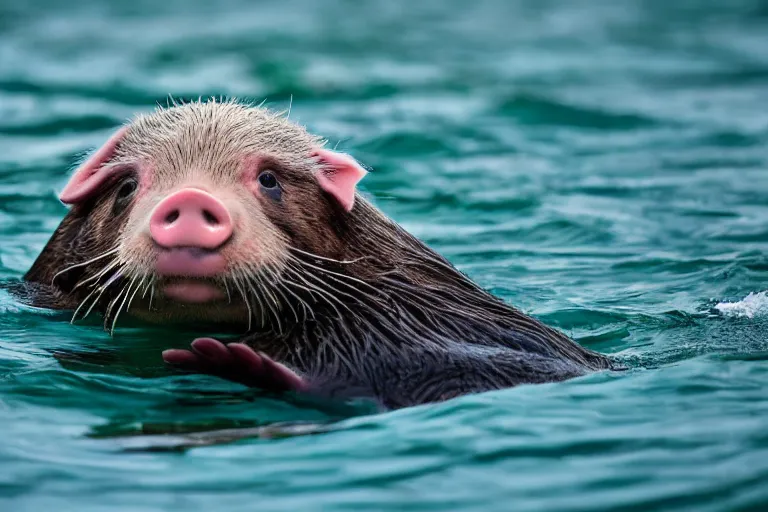 Image similar to a pig sea otter!!! hybrid! hyper realistic!! realistic lighting!! wildlife photographer of the year!!! bold natural colors, national geographic, hd, wide angle, 8 k