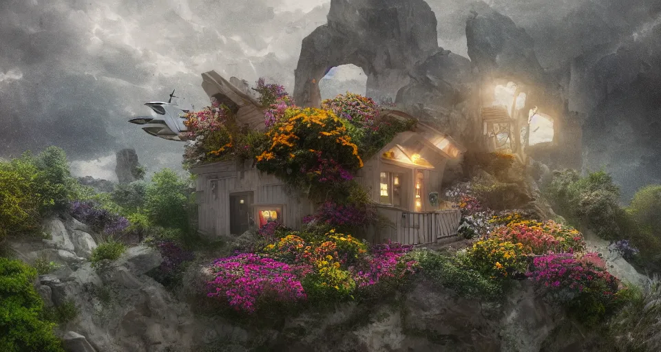 Image similar to small house in canyon filled with flowers, space ship flying by, photorealistic, trending on artstation, moody