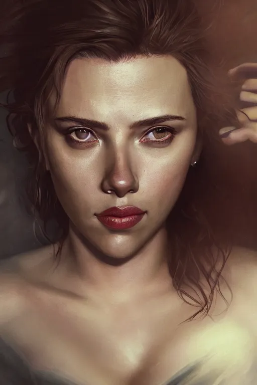 Image similar to a fancy portrait of a Scarlett Johansson with an intense look in her eyes by Greg Rutkowski, Sung Choi, Mitchell Mohrhauser, Maciej Kuciara, Johnson Ting, Maxim Verehin, Peter Konig, final fantasy , mythical, 8k photorealistic, cinematic lighting, HD, high details, atmospheric,