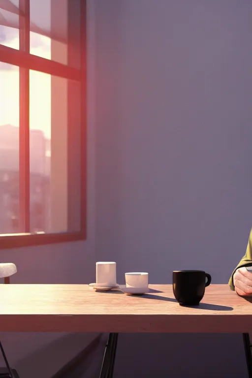 Image similar to a man sitting on a café table mext to a window and holding a cup of coffee at sunset, anime style, Pixar style, black hair, 4K, cartoon, concept art, octane render, unreal engine 5, path tracing, complementary colours, serene scene, warm, cute, natural lighting, high quality, highly detailed, high coherence, defined face, five fingers, anatomically correct, soft lighting, close view