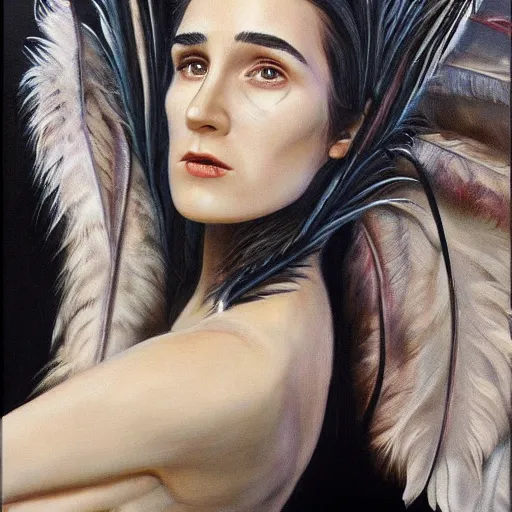 Prompt: detailed realistic oil painting youthful young alien jennifer connelly with black feathers instead of hair, dark fae, black eyes, black lips, uncanny valley, gray mottled skin, feathers growing out of skin, feathers growing from arms, black hands with long black claws, pale and sickly, profile view, full body, gothic, giger - - ar 9 : 1 6