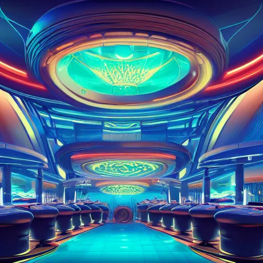 Image similar to futuristic casino, crisp, artistic, artstation, luxury, las vegas, beautiful, concept art, cartoon, dim painterly lighting volumetric aquatics