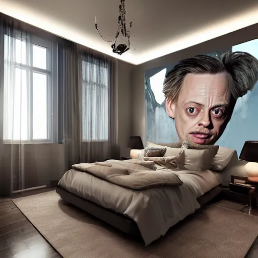 Image similar to a cozy bedroom interior with wall murals of steve buscemi, detailed, high resolution, wow!, intricate, volumetric lighting, raytracing