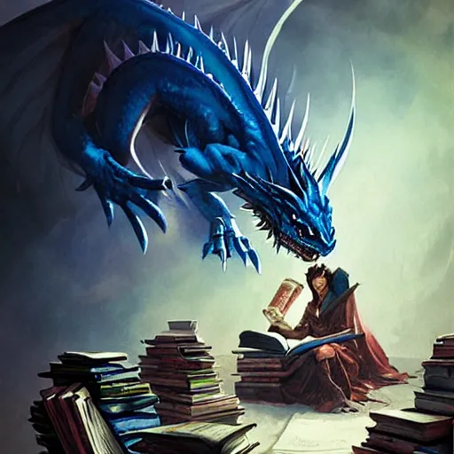 Image similar to blue dragon sitting on a hoard of books, fantasy, dnd, art by greg rutkowski