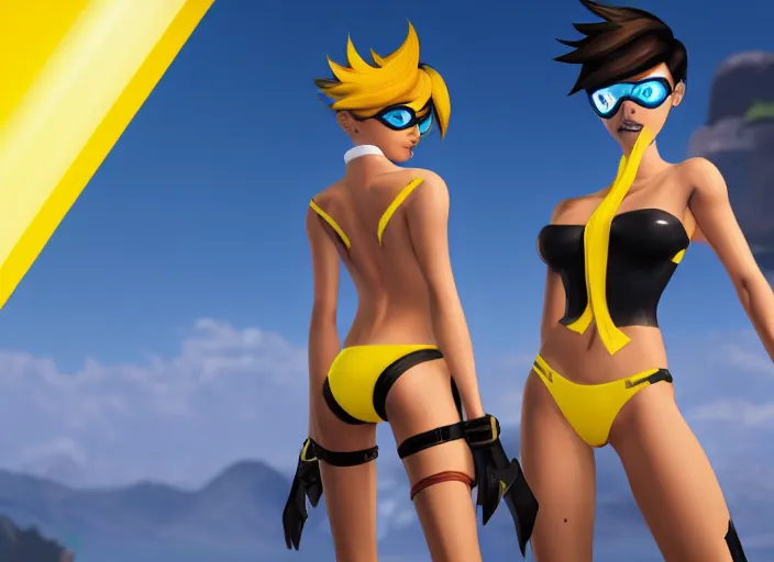 Image similar to tracer game character, in yellow bikini, blonde hair, black eyes, full height