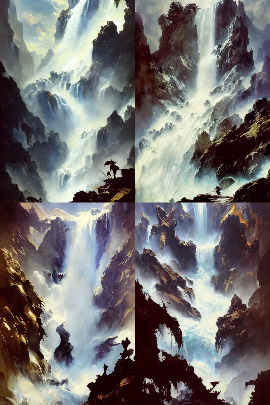 Prompt: a stunning painting of a dragon coming out from behind a huge waterfall, by Frank Frazetta and Greg Rutkowski, high quality, masterpiece