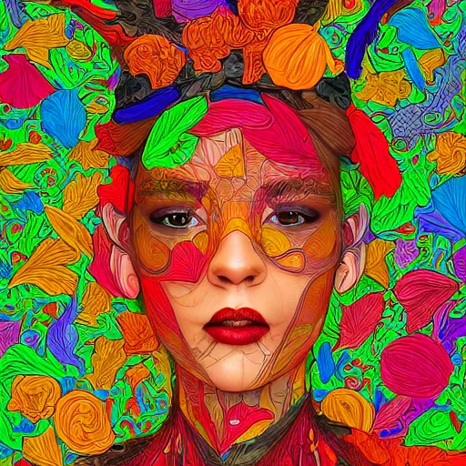 Image similar to the portrait of a beautiful young woman partially made up of bell peppers of all colors, an ultrafine detailed illustration by james jean, intricate linework, bright colors, final fantasy, behance contest winner, vanitas, angular, altermodern, unreal engine 5 highly rendered, global illumination, radiant light, detailed and intricate environment