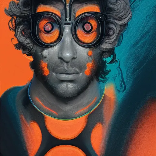 Image similar to olympian god starring into the camera, fixed eyes, flowing black coat with glowing neon orange trim, inside a museum, colorful, surreal, dramatic lighting, face, detailed, intricate, elegant, highly detailed, digital painting, artstation, chalk, concept art, smooth, sharp focus, illustration, art by sam spratt, dan mumford, artem demura and alphonse mucha