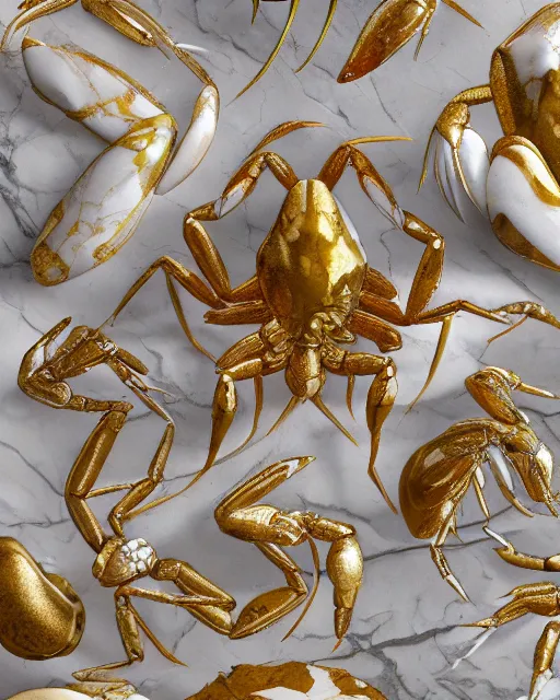Prompt: white calacatta gold marble, white and gold kintsugi, feminine shapes, crab shapes, spider shapes, scorpion shapes, tarantula shapes, stunning, highly detailed, intricately detailed, octane, 8 k, trending on artstation