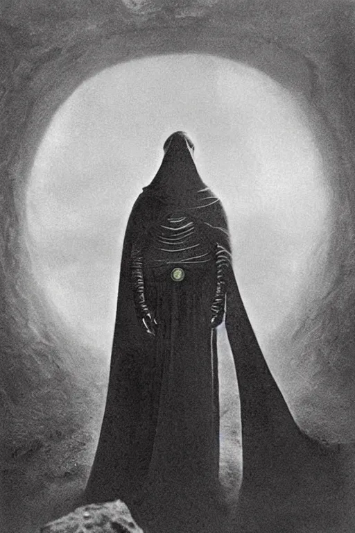 Prompt: paul atreides as emperor of dune, cinematic lighting, mist, sci-fi movie, by frank herbert and zdzislaw beksinski and dante alighieri, 1900s photo