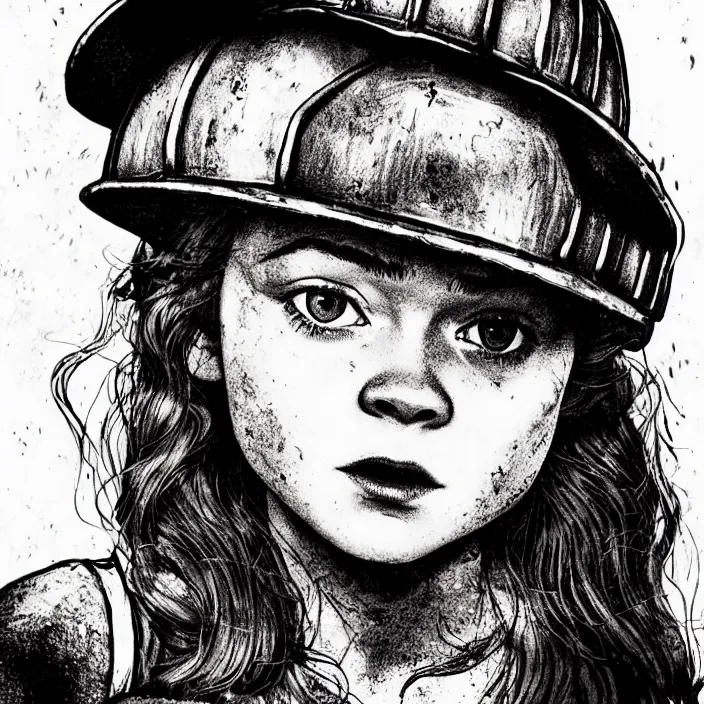 Image similar to extreme close - up on sadie sink as a miner : she lifts a chunk of bread with her hand. background : black!! tiles on walls. black and white, pencil and ink. by gabriel hardman, joe alves, chris bonura. cinematic atmosphere, detailed and intricate, perfect anatomy