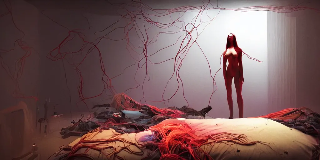 Prompt: rgb, glowing, extreme rage, maximalist bedroom, woman, cinematic, movie scene, inspired by zdzislaw beksinski, clothes made out of veins,, cables everywhere, bedroom, ultra realistic, concept art, intricate details, highly detailed, photorealistic, octane render, 8 k