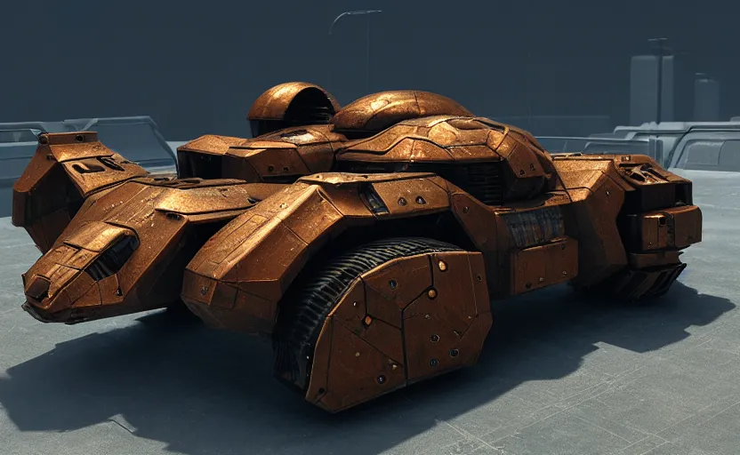 Image similar to an armored futuristic sci fi vehicle, unreal engine, cinematic lighting, texture rust, texture electronic circuit