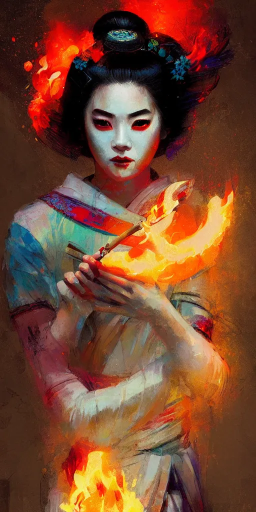 Image similar to female geisha girl holding a colorful flame, beautiful face, colourful, rule of thirds, intricate outfit, spotlight, by greg rutkowski, by jeremy mann, digital painting