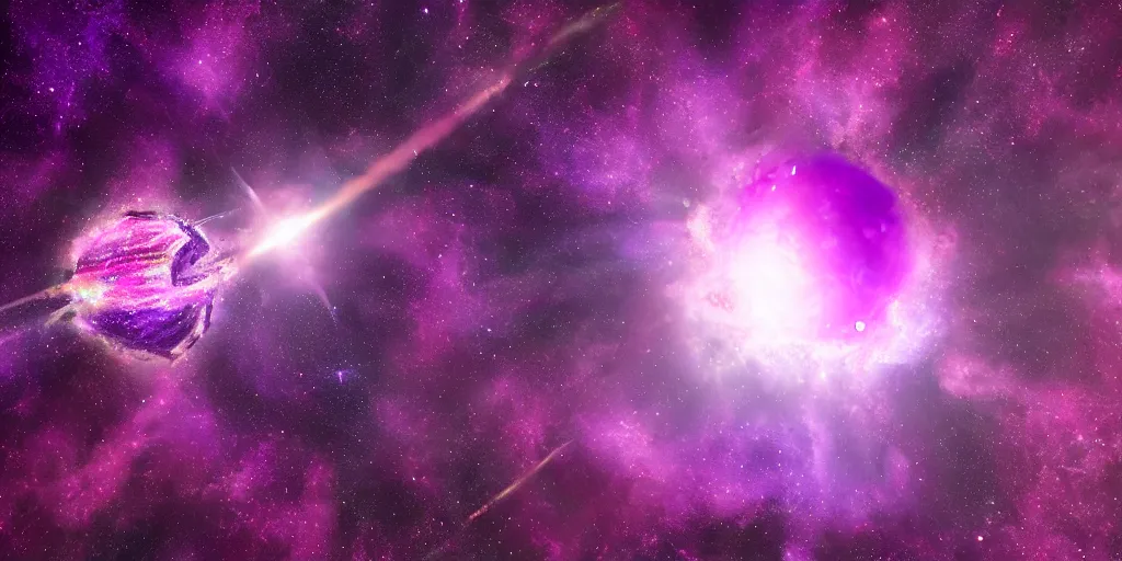 Prompt: magenta amethyst planet with falling spaceship above, 🌌, sparkling stars, kaleidoscopic, 8k, high detail, wide shot