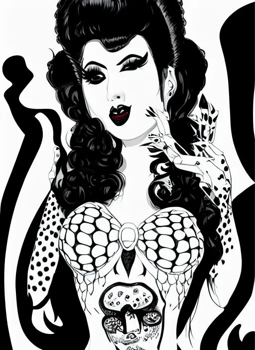 Image similar to of a goth girl burlesque psychobilly punk, detailed face, white background, drawing, full body shot