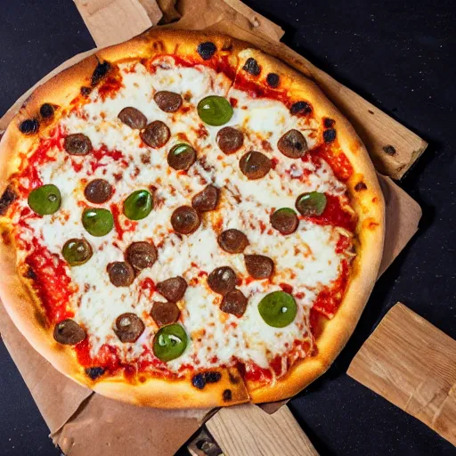 Image similar to a pizza topped with sticks and gravel