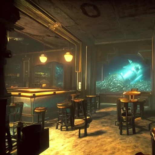 Image similar to In the world of rapture from the world of bioshock you are in a bar, there is a window that lets you see the whole city underwater and you are drinking a rum and coke