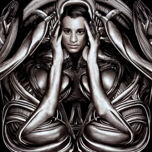 Image similar to lea michele in the style of h r giger, lea michele as supreme dictator of the united states of america