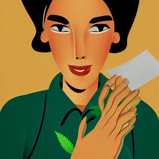 Prompt: cartoon portrait of a hard working australian woman with a paper joint of cannabis. octane 4 k render natural skin tones, by eyvind earle, female australian award winning illustration