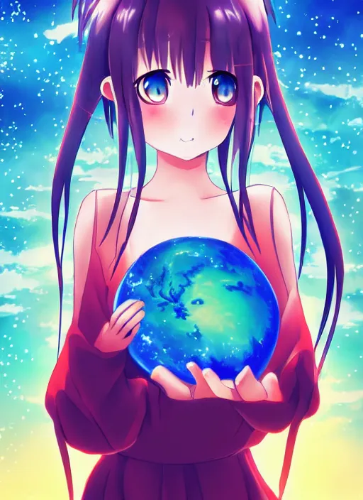 Image similar to an anime in outer space holding a small blue planet in her hands, no other planets, digital art, anime