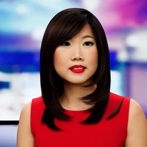 Image similar to a fullbody shot of a beautiful, asian - american female news anchor, with a bob cut, ultra hd, high definition, high quality, crisp, sharp, smooth, 8 k resolution