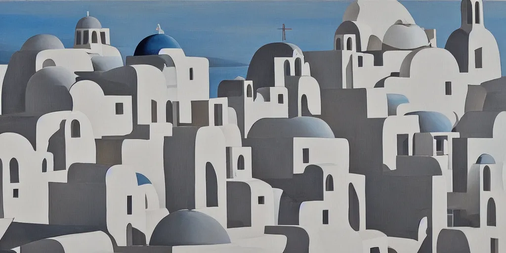 Image similar to a painting of abstract buildings like santorini by zaha hadid and yves tanguy