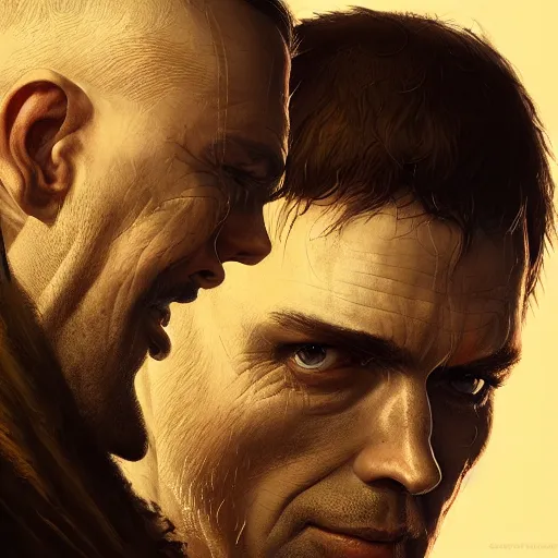 Image similar to portrait of a man with 2 heads,digital art,realistic,photorealistic,art by greg rutkowski,hyperdetailed,detailed face,fantasy art,trevor henderson,professional lighting,studio photo,western comic book style