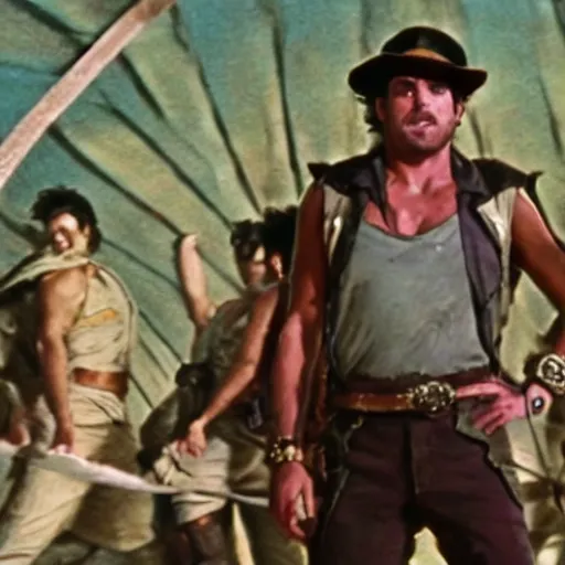 Prompt: a film still of Joseph Joestar from Battle Tendency in Raiders of the Lost Ark(1981)