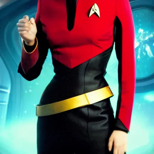 Image similar to a full body photograph of 3 0 year old eva green as a star fleet officer from star trek next generation, ultra rendered, extreme realism and detail, 8 k, highly detailed, realistic, completely framed, hyper realistic, colorful, direct lighting, 3 5 mm photo, photorealistic, sharp focus