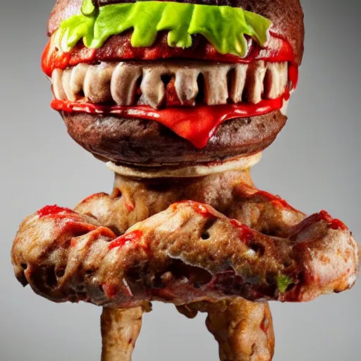 Image similar to a humanoid bipedal upright zombie that strongly resembles a hamburger, professional food photography