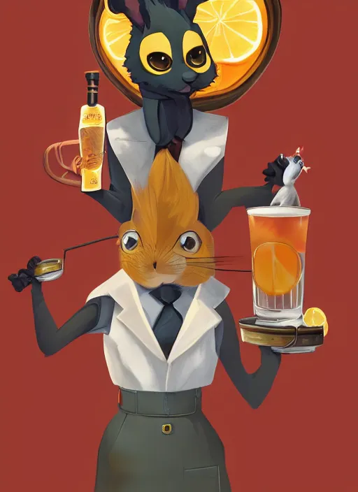 Prompt: squirrel anthro as a dapper bartender with a big fluffy tail, retro futurism, art deco, detailed painterly digital art by Cory Loftis, 🐿🍸🍋, furaffinity, trending on artstation