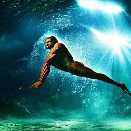 Prompt: aquaman in emotional movement, underwater photography and light scattering, water refractions turned out impressive imho,