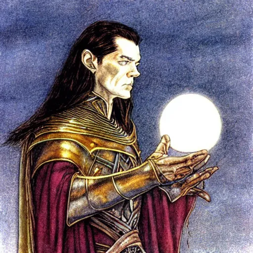 Prompt: Fingolfin pondering his Orb by Alan Lee