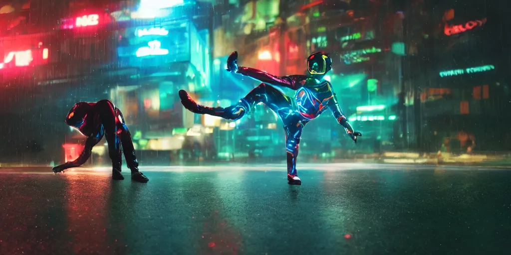 Image similar to cinematic camera wide angle of slow motion film still of futuristic break dancer wearing latex with neon lights, long exposure shot , at night in the middle of a rainy and foggy street, paddle of water, water splashes, rim lights, glossy reflections, water droplets on lens, octane render, detailed and soft, by laurie greasley