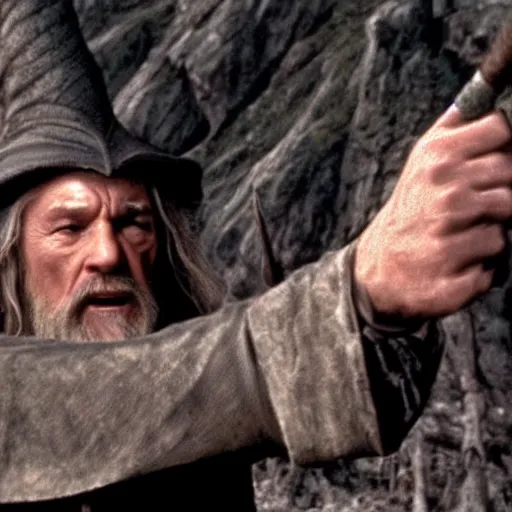 Image similar to Liam Neeson as Gandalf in the fellowship of the ring action sequence battle at Minas Tirith