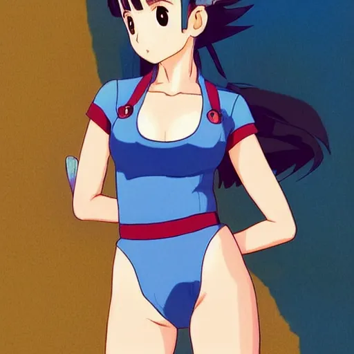 Prompt: a beautiful! boyish! natalie portman as bulma alluring gravure! model, wearing hip hop mayan bomber jacket and leotard with native style overalls, bulky poofy bomber jacket with mayan patterns, guilty gear art style, trending on pixiv, painted by makoto shinkai takashi takeuchi studio ghibli, akihiko yoshida