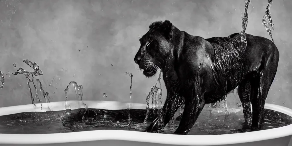 Prompt: a black lioness made of ferrofluid bathing inside the bathtub full of ferrofluid, covered in dripping ferrofluid. dslr, photography, realism, animal photography