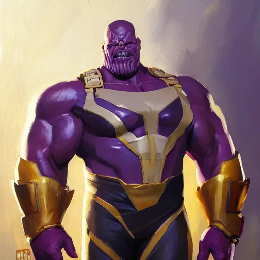 Image similar to greg manchess portrait painting of thanos as overwatch character, medium shot, asymmetrical, profile picture, organic painting, sunny day, matte painting, bold shapes, hard edges, street art, trending on artstation, by huang guangjian and gil elvgren and sachin teng