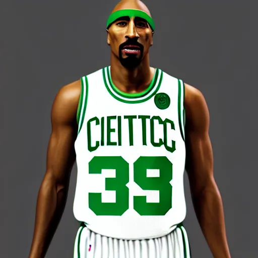 Image similar to portrait of tupac shakur, boston celtics jersey number 3 4, green, white, cartoon digital art, oil on canvas, trending on artstation, octane render