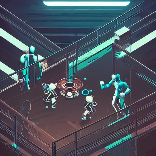 Image similar to a beautiful highly detailed vector illustration close up of a boxing match with robots in a factory, punk styling by atey ghailan, cliff chiang, loish and goro fujita, silver, silver, brown, black, blue and cyan tones, featured on artstation, featured on behance, grunge aesthetic