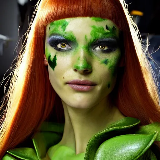 Prompt: A beautiful portrait of Daria Strokous smiling as Poison Ivy from Batman as a Versace fashion model Spring/Summer 2010, highly detailed, in the style of cinematic, Getty images, Milan fashion week backstage, Extreme close up, Makeup by Pat McGrath, Hair by Guido Palau, Greg rutkowski