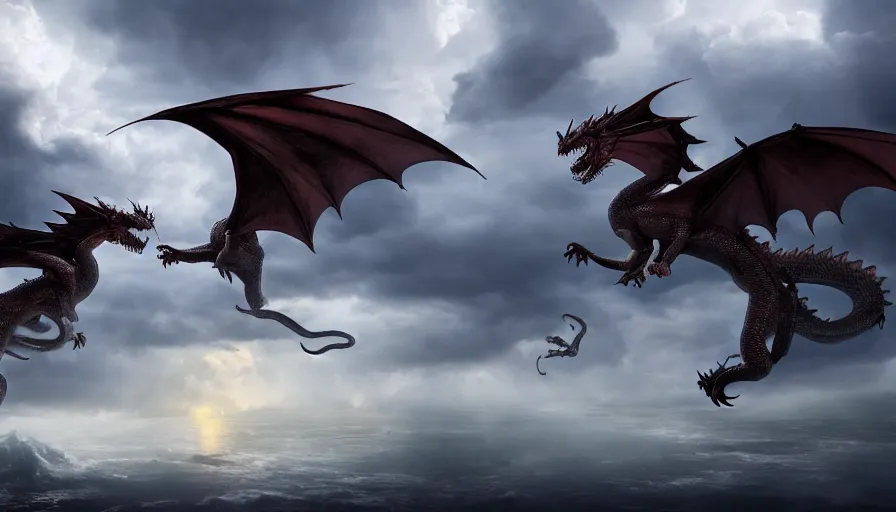 Prompt: dragons fighting in the sky, epic stormy weather, fantasy, octane render, high detail, 8k, in the style of Greg Rutkowski,