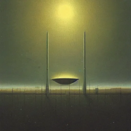 Image similar to Spaceport docking bay at night, inner light. Concept art. Beksinski